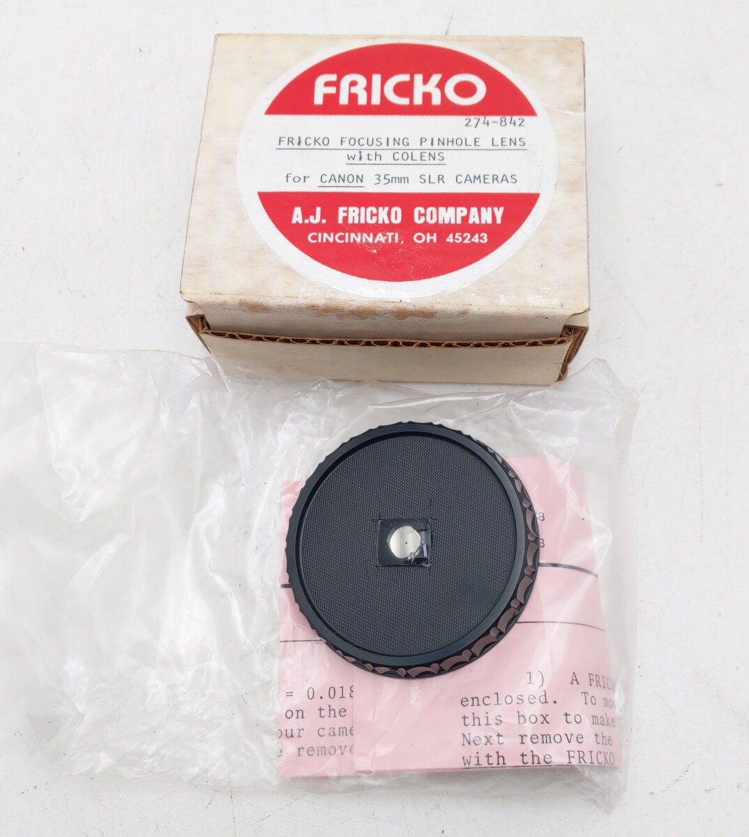 Fricko, A J 274-842 Focusing Pinhole Lens with Colens for Canon 35mm SLR Cameras LN/Box