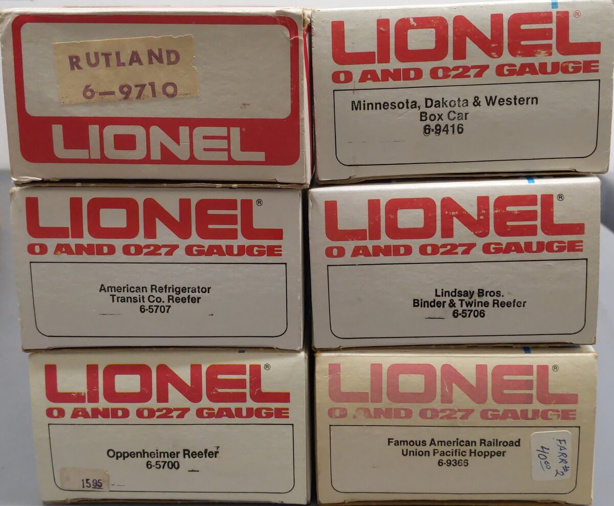 Lionel O Assorted Freight Cars: 6-9366, 5700, 9710, 5706, 5707, & 9416 [6] EX/Box