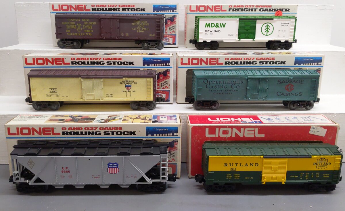 Lionel O Assorted Freight Cars: 6-9366, 5700, 9710, 5706, 5707, & 9416 [6] EX/Box