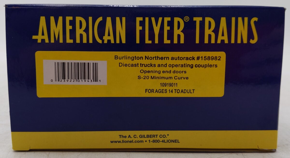 American Flyer 10919011 S Gauge AF Burlington Northern Autorack #158982 EX/Box