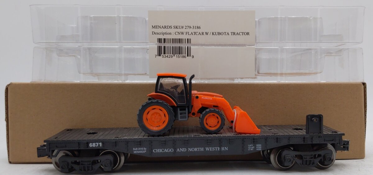 Menards 279-3186 O Gauge Chicago&North Western Flatcar with Kubota Tractor #6871 EX/Box