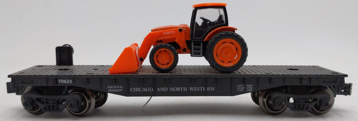 Menards 279-3186 O Chicago & North Western Flatcar with Kubota Tractor #10623 EX/Box