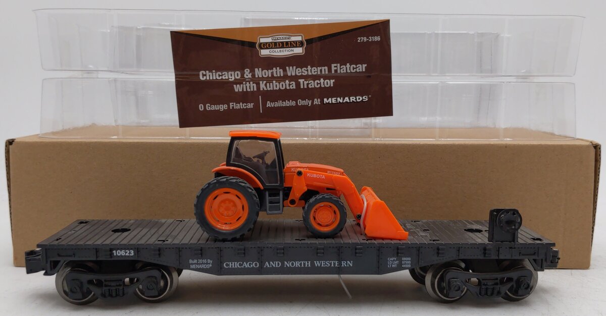 Menards 279-3186 O Chicago & North Western Flatcar with Kubota Tractor #10623 EX/Box
