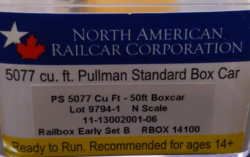 NARC 11-13002001-06 N Scale RailBox 5077 CU. FT. Pullman Standard Boxcar #14100 LN/Box