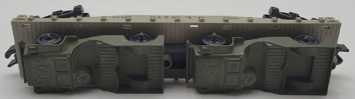 American Flyer 24572 Vintage S US Navy Flat Car w/ 2 Olive Drab Tootsie Toy Jeep VG