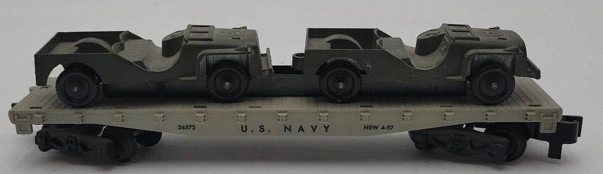 American Flyer 24572 Vintage S US Navy Flat Car w/ 2 Olive Drab Tootsie Toy Jeep VG