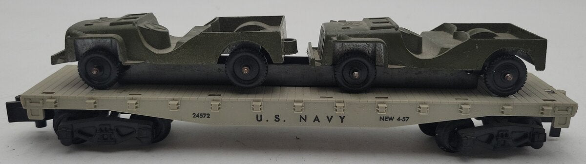 American Flyer 24572 Vintage S US Navy Flat Car w/ 2 Olive Drab Tootsie Toy Jeep VG