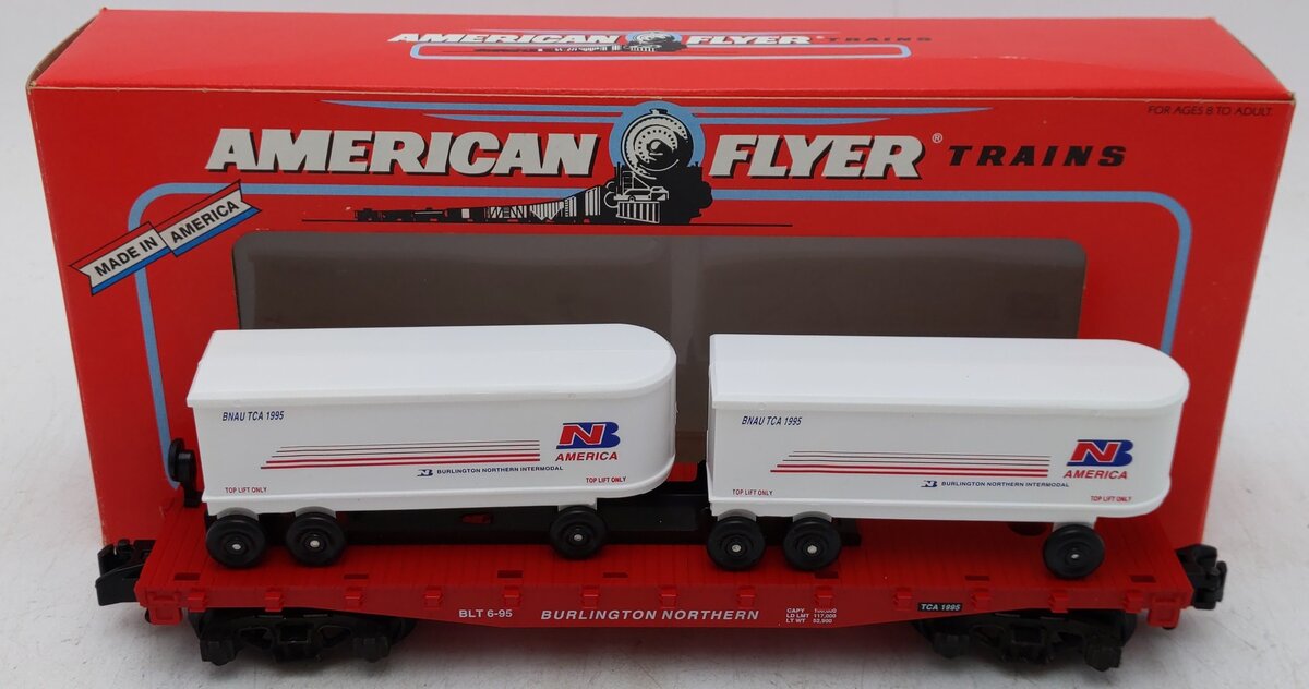 American Flyer 6-48491 S Scale Burlington Northern TCA Flatcar w/BN Trailer load EX/Box