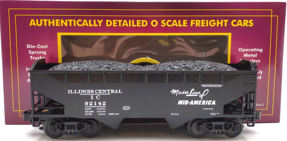 MTH 20-97452 O Gauge Illinois Central 2-Bay Hopper w/ Coal Load #92142 LN/Box
