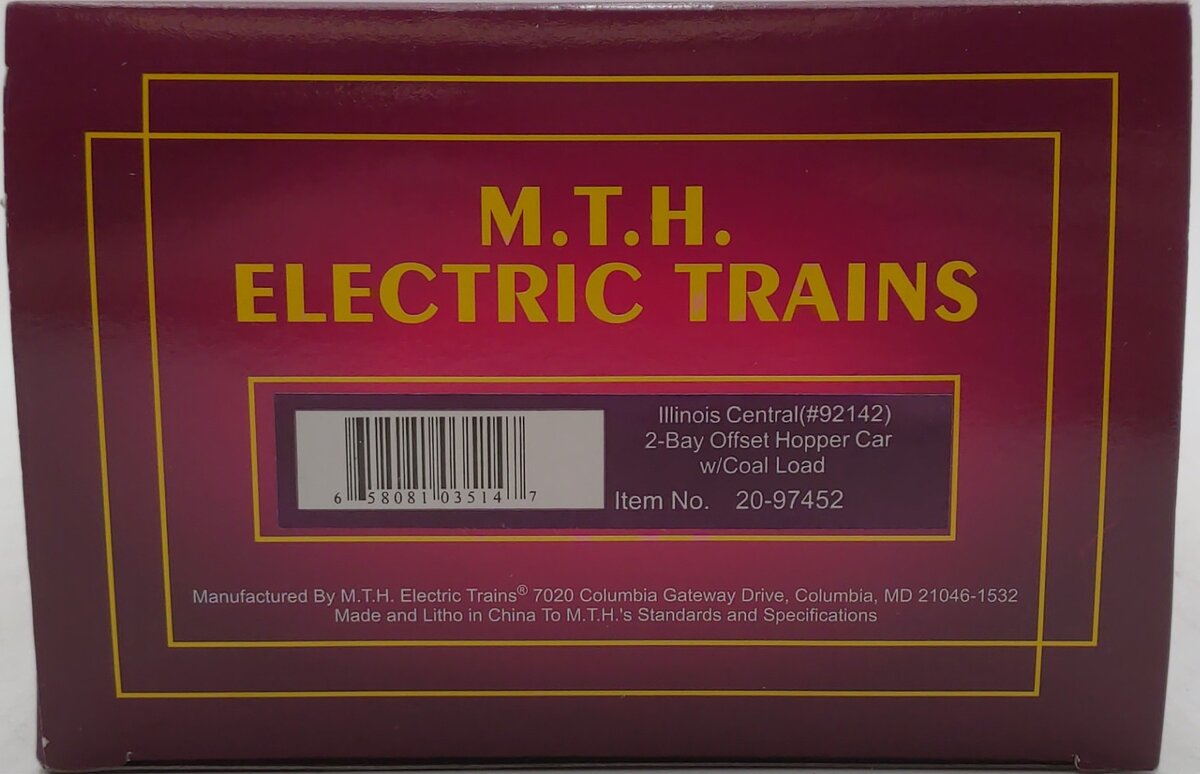 MTH 20-97452 O Gauge Illinois Central 2-Bay Hopper w/ Coal Load #92142 LN/Box