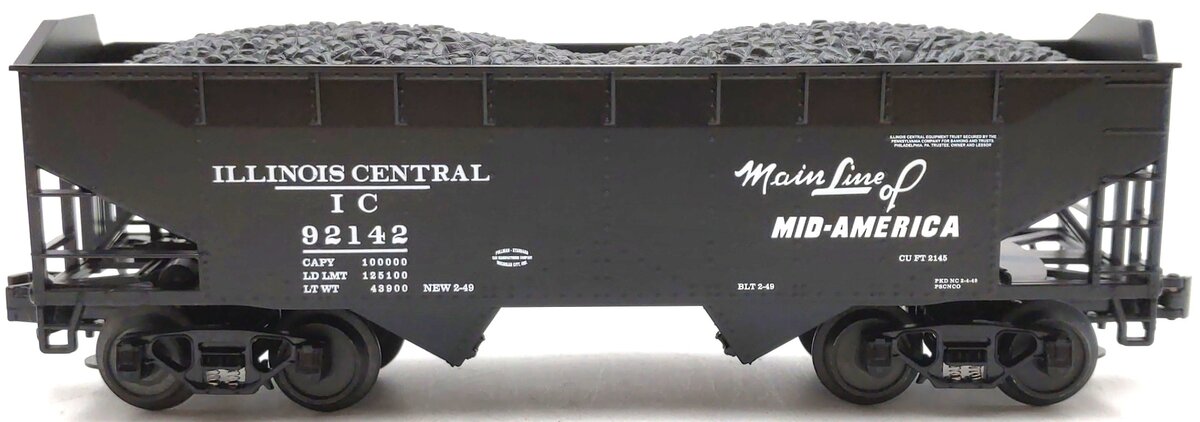 MTH 20-97452 O Gauge Illinois Central 2-Bay Hopper w/ Coal Load #92142 LN/Box