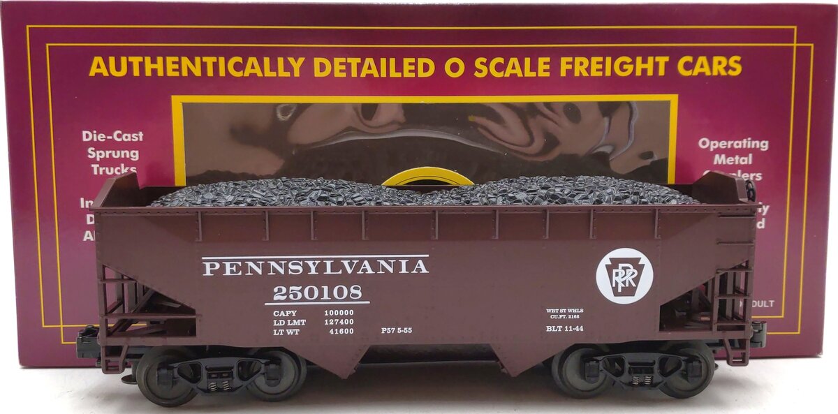 MTH 20-97447 O Gauge Pennsylvania 2-Bay Hopper Car with Coal Load #250108 LN/Box
