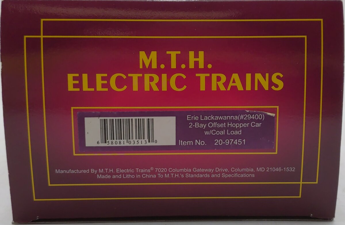 MTH 20-97451 O Erie Lackawanna 2-Bay Offset Hopper Car #29400 LN/Box