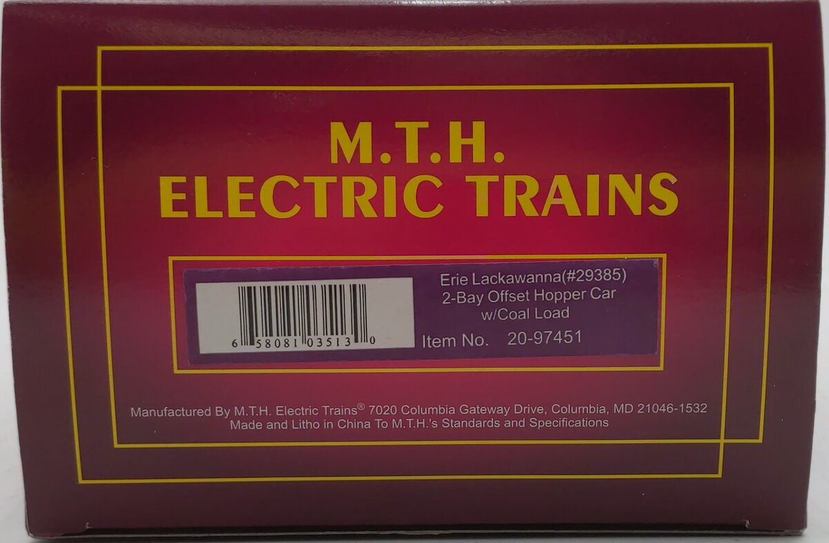 MTH 20-97451 O Erie Lackawanna 2-Bay Offset Hopper Car #29385 LN/Box
