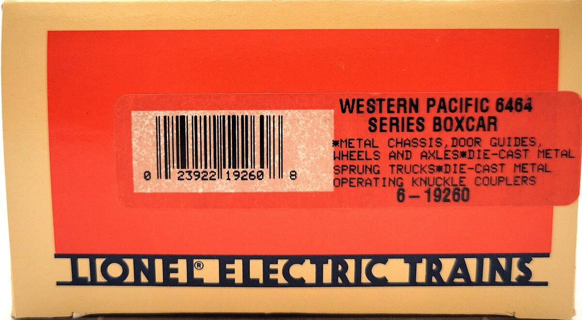 Lionel 6-19260 O Gauge Western Pacific Orange with Blue Feather Boxcar # 6464100 LN/Box