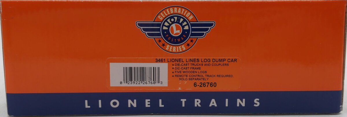 Lionel 6-26760 O Lionel Lines Log Dump Car PWC #3461 EX/Box