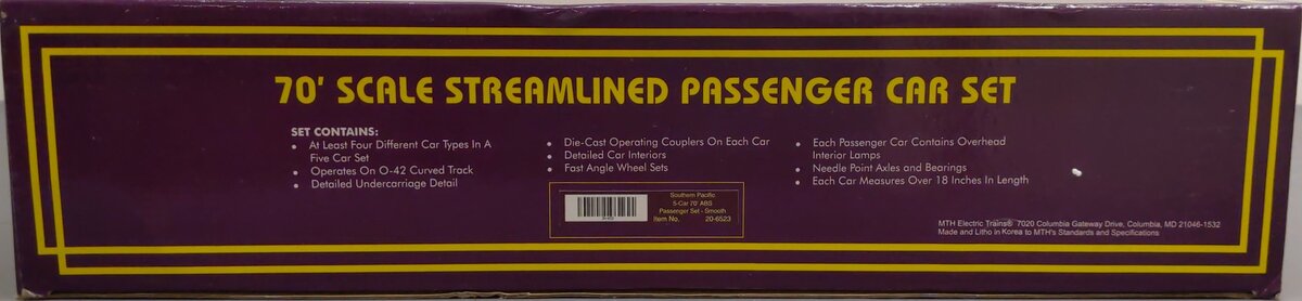 MTH 20-6523 Southern Pacific 70' Streamlined Passenger Car Set EX/Box