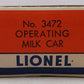 Lionel 3472 O Vintage Operating Milk Car with Platform EX/Box