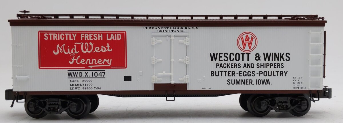 K-Line K742-8028 O Gauge Mid West Hennery Wood-Sided Reefer Car #1047 EX/Box