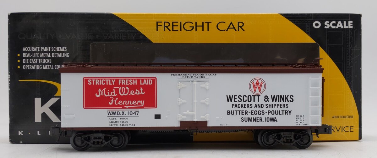 K-Line K742-8028 O Gauge Mid West Hennery Wood-Sided Reefer Car #1047 EX/Box