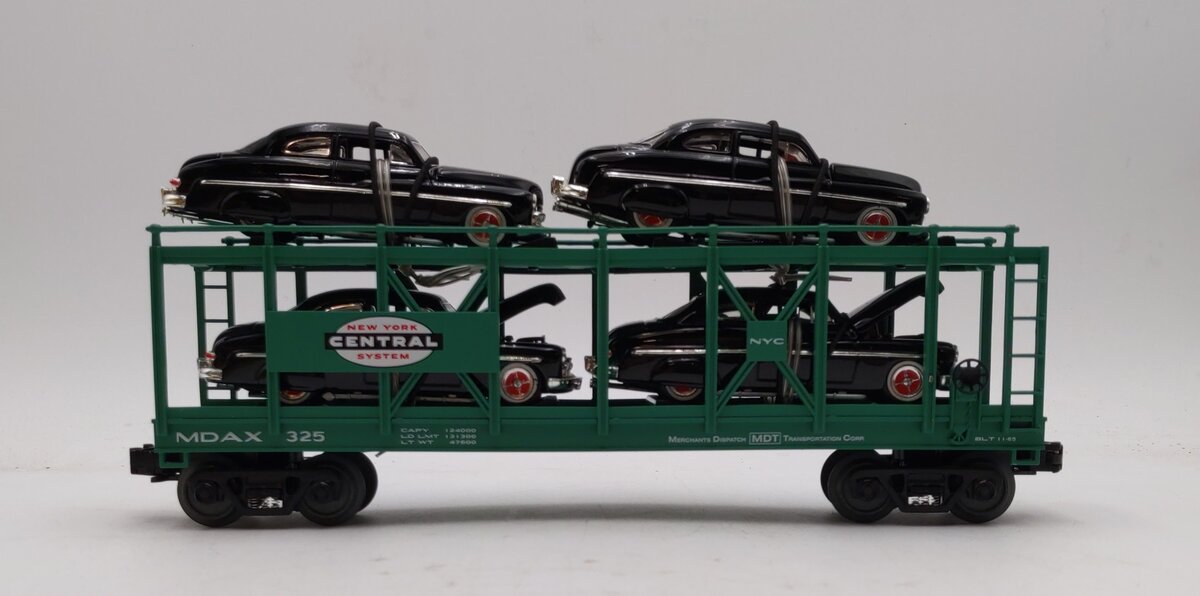 MTH 30-7682 O Gauge New York Central Auto Carrier #325 with 4 Ertl 1949 Mercurys NIB