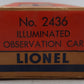 Lionel 2436 Vintage O Lionel Lines Illuminated Summit Observation Car VG/Box