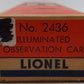Lionel 2436 Vintage O Lionel Lines Illuminated Summit Observation Car VG/Box