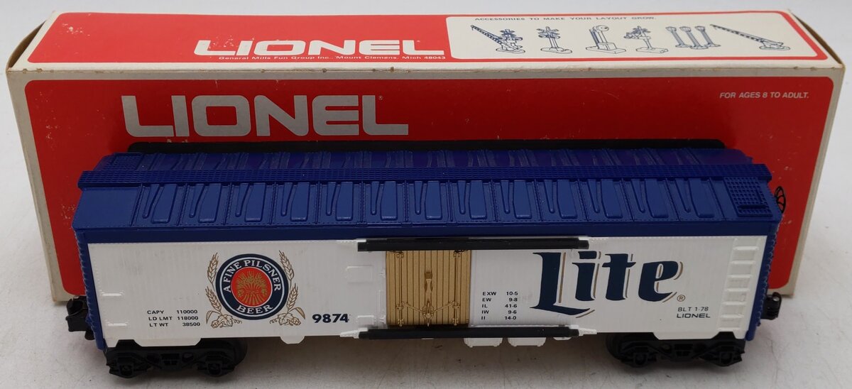 Lionel 6-9874 O Gauge Miller Lite Beer Billboard Reefer Car EX/Box