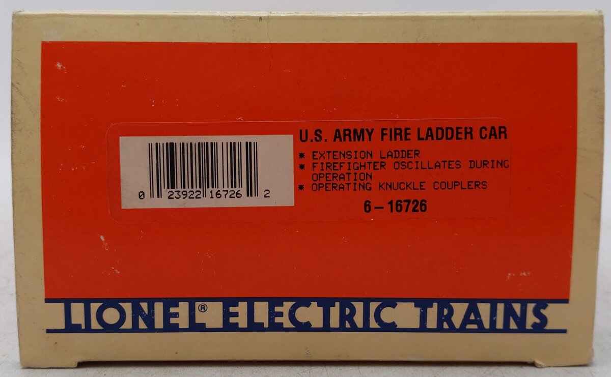 Lionel 6-16726 O Gauge Army Fire Ladder Car EX/Box