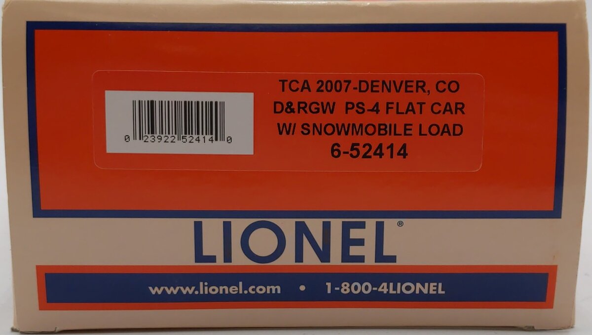 Lionel 6-52414 O Gauge TCA-2007 D&RGW PS-4 Flatcar with Snowmobile Load LN/Box
