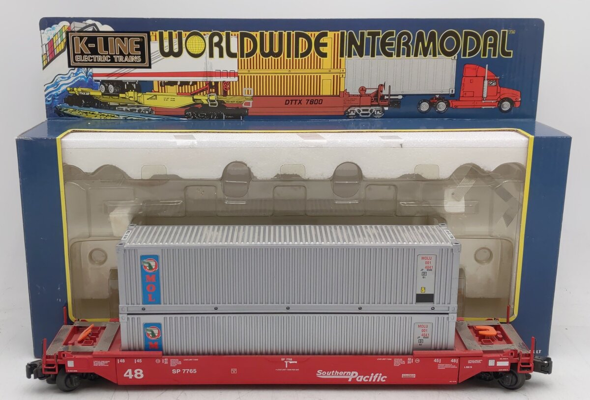 K-Line K7765 O Gauge Southern Pacific Gunderson Flatcar w/2 Containers EX/Box