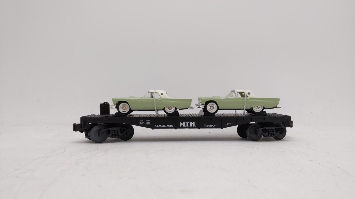 MTH 30-7613 O Gauge Auto Transport Flatcar with Two ThunderBirds EX/Box