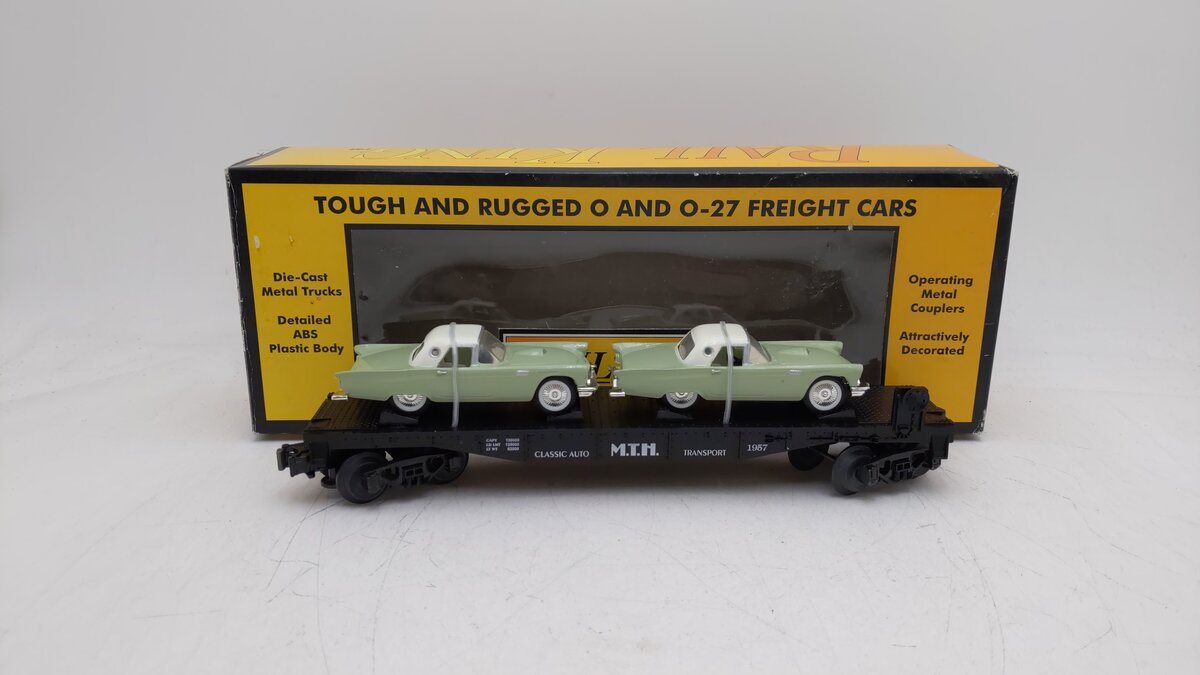 MTH 30-7613 O Gauge Auto Transport Flatcar with Two ThunderBirds EX/Box