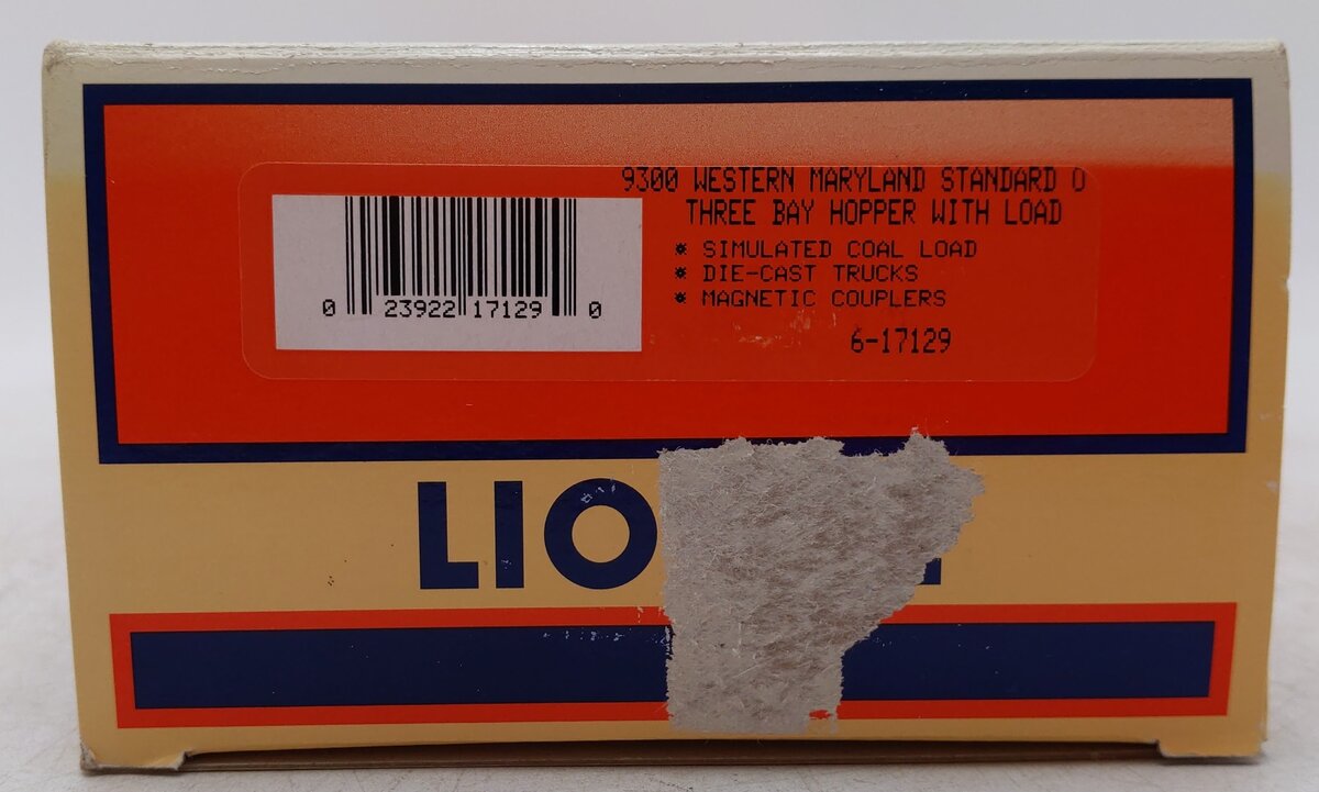 Lionel 6-17129 O Gauge Western Maryland 3-Bay Hopper Car w/Coal Load #9300 EX/Box
