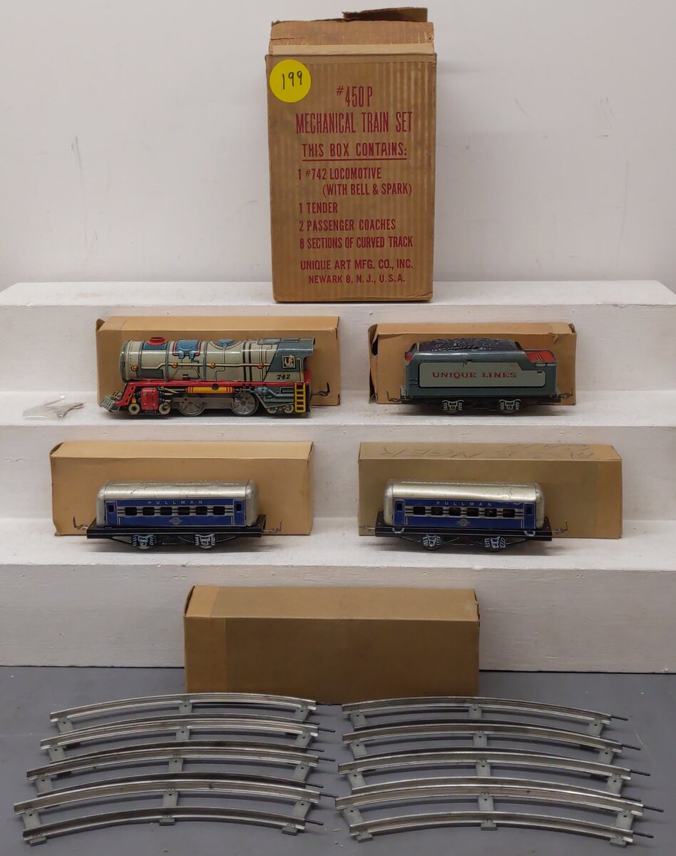 Unique 742 Vintage O Turn Key Steam Locomotive Lithographed Tin Freight Set/Box
