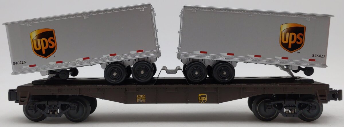 Lionel 6-26300 O Gauge UPS Flatcar with Piggyback Trailers EX/Box