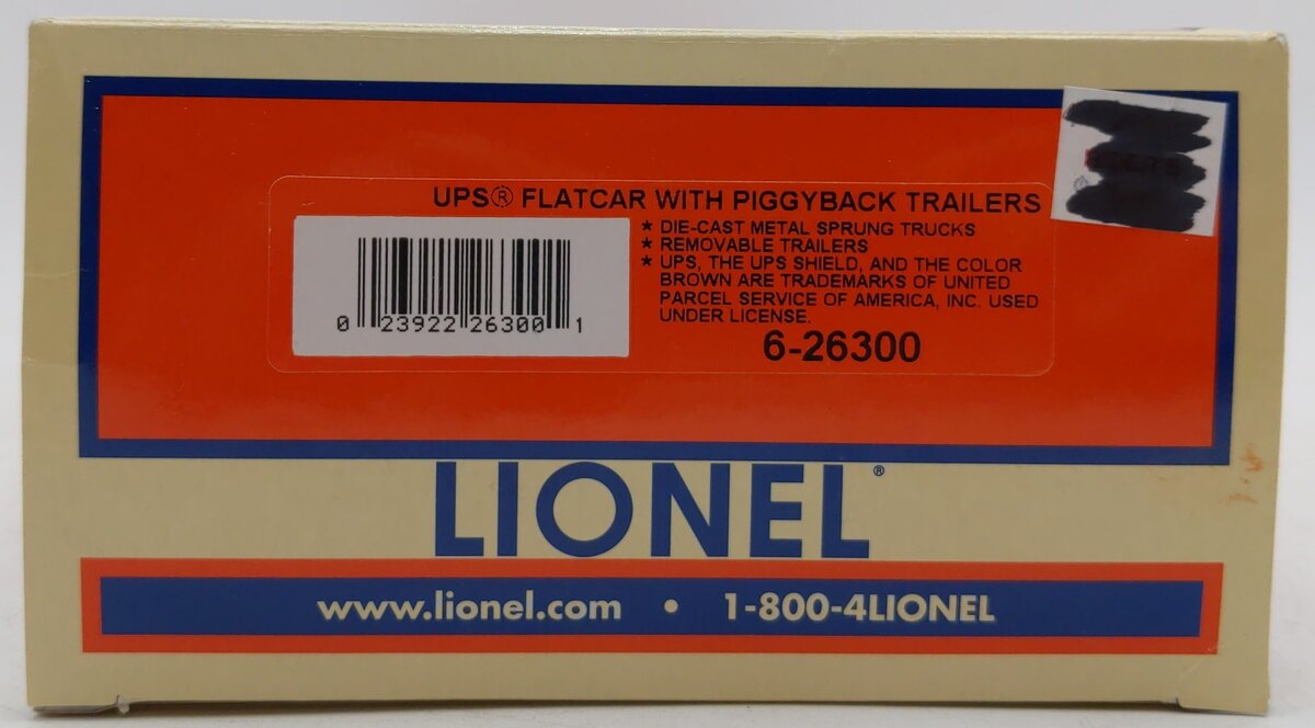 Lionel 6-26300 O Gauge UPS Flatcar with Piggyback Trailers EX/Box
