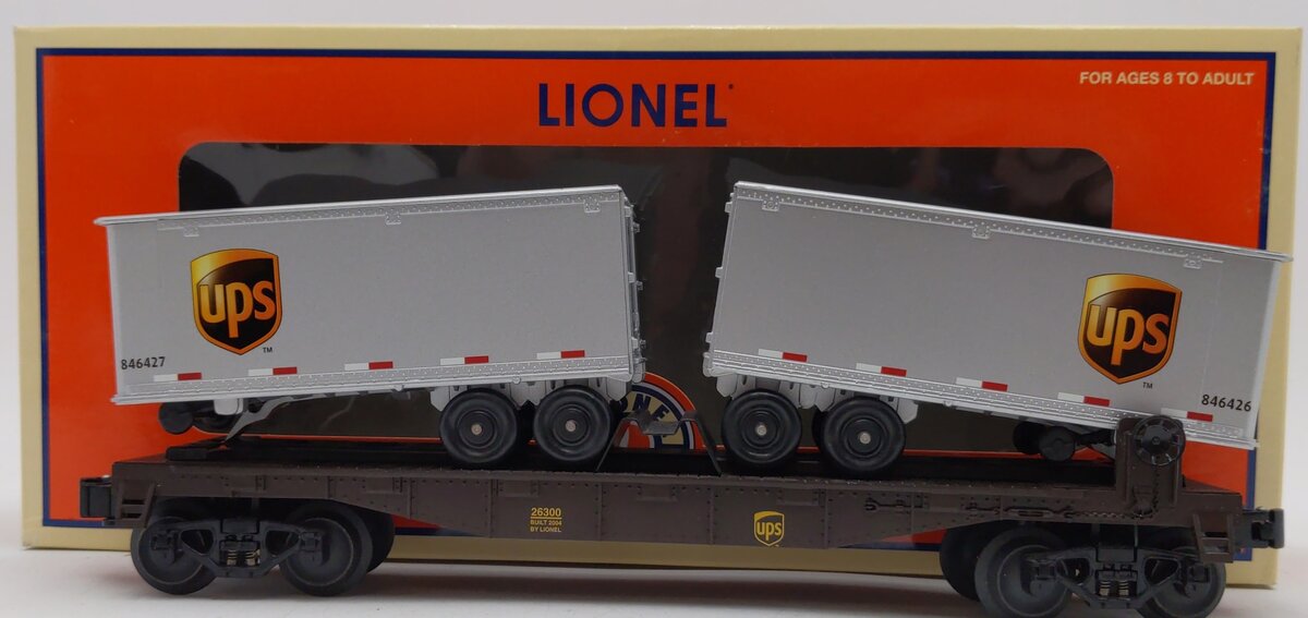 Lionel 6-26300 O Gauge UPS Flatcar with Piggyback Trailers EX/Box