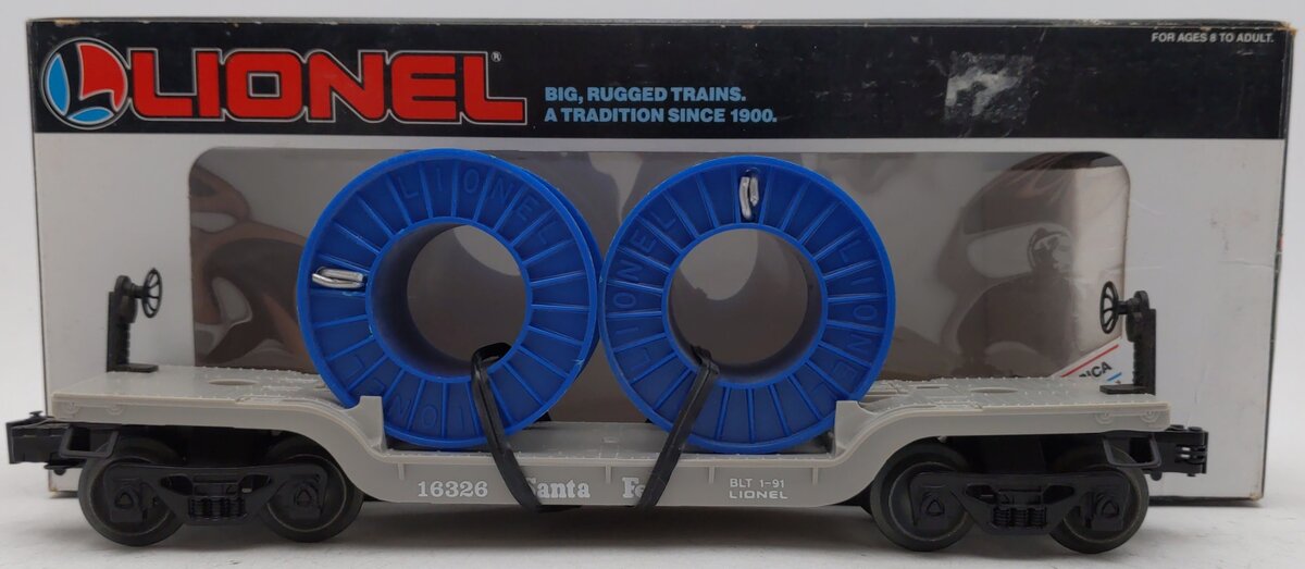 Lionel 6-16326 O Gauge Santa Fe Depressed Flatcar with 2 Cable Reels NIB