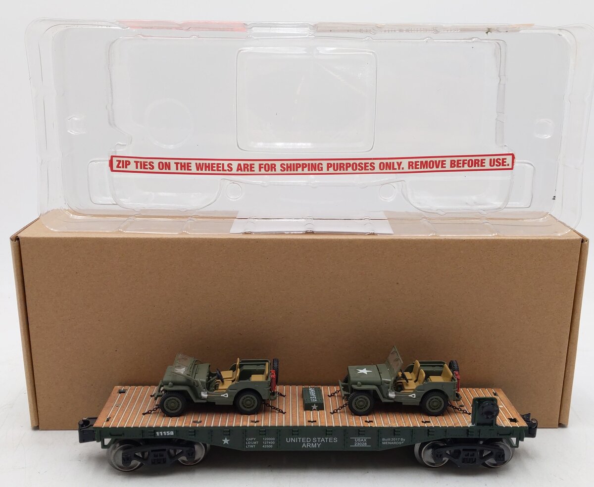 Menards 279-3380 O Army Flatcar w/ Two Jeeps #11158 EX/Box