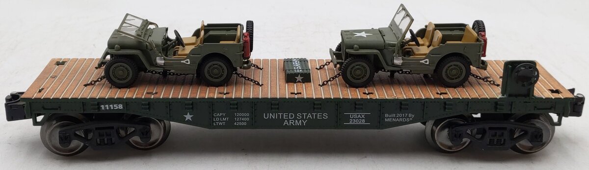 Menards 279-3380 O Army Flatcar w/ Two Jeeps #11158 EX/Box