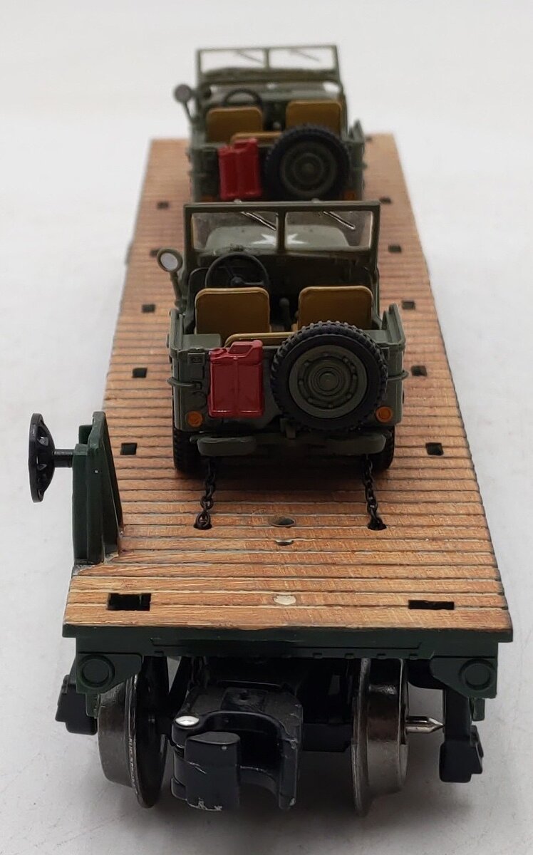 Menards 279-3380 O Army Flatcar w/ Two Jeeps #11158 EX/Box