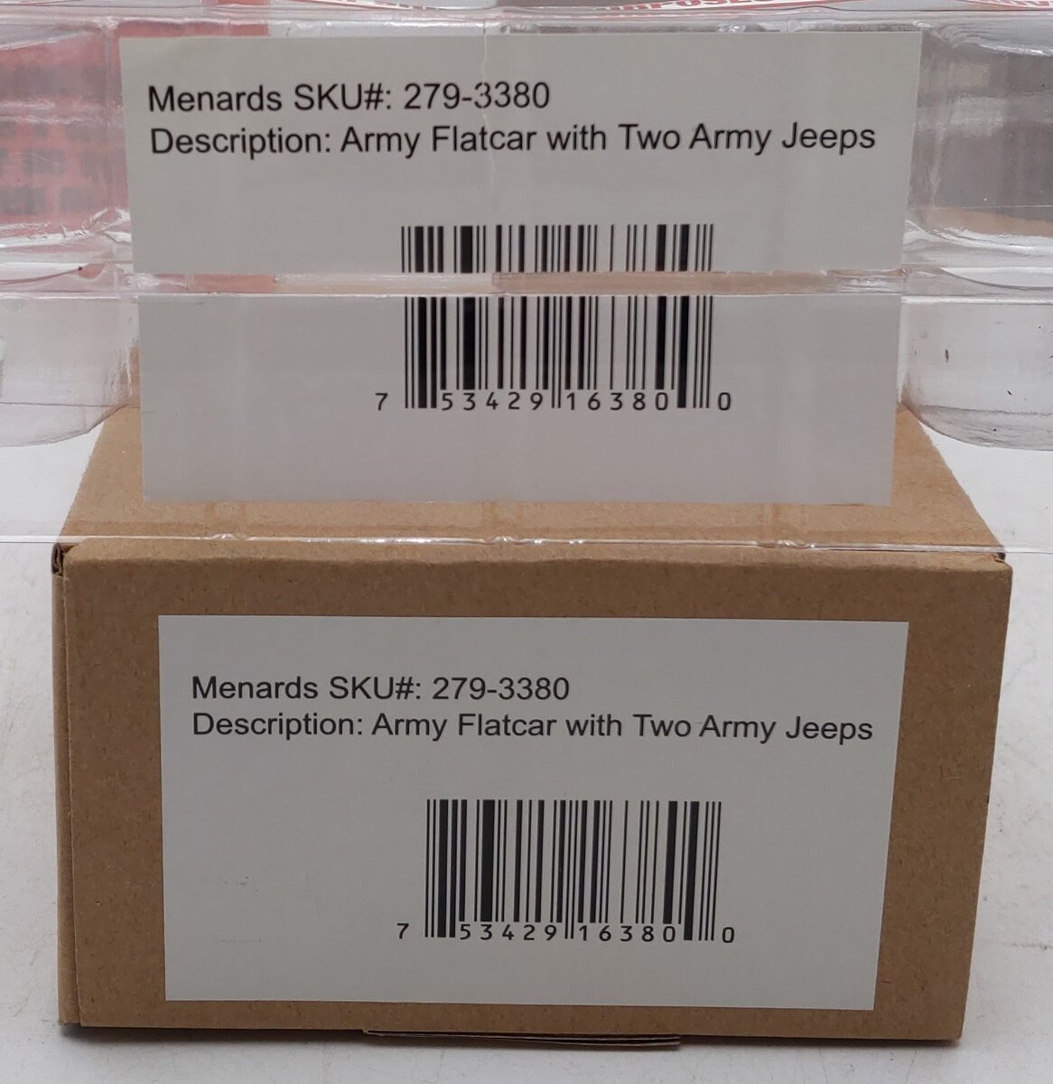 Menards 279-3380 O Army Flatcar w/ Two Jeeps #11158 EX/Box