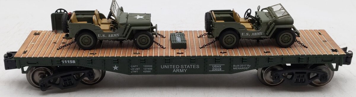 Menards 279-3380 O Army Flatcar w/ Two Jeeps #11158 EX/Box