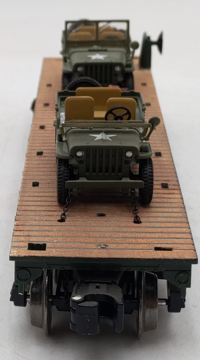 Menards 279-3380 O Army Flatcar w/ Two Jeeps #11158 EX/Box