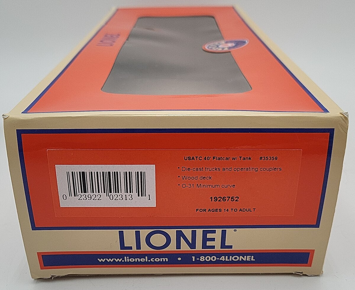 Lionel 1926752 O US Army 40' Flatcar with Sherman Tank #35359 EX/Box