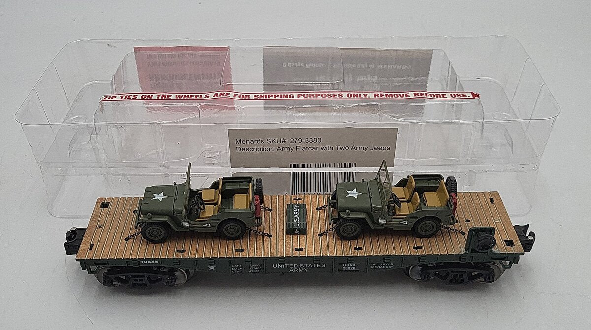 Menards 279-3380 O Army Flatcar w/ Two Jeeps #10836 LN/Box