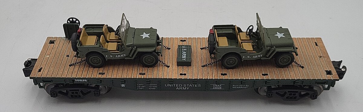 Menards 279-3380 O Army Flatcar w/ Two Jeeps #10836 LN/Box