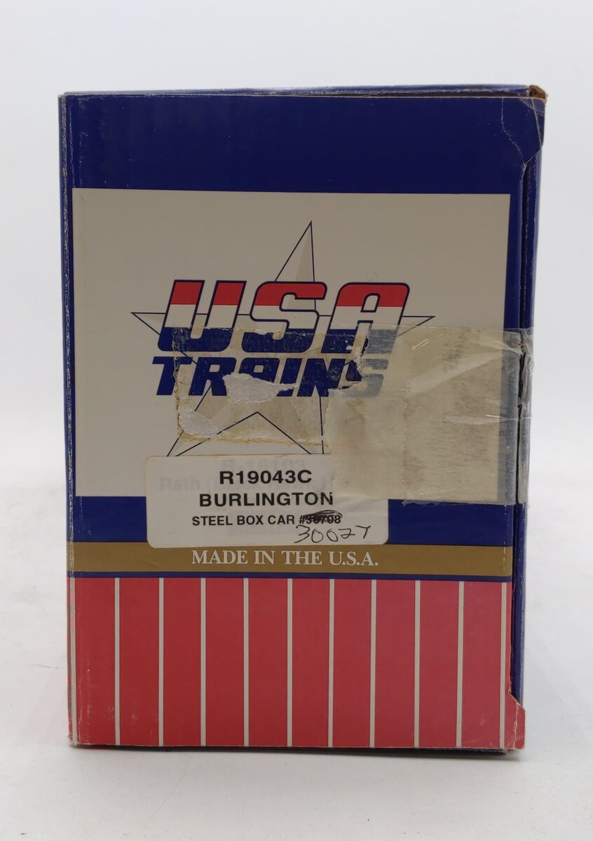 USA Trains R19043C G Burlington Simulated Steel Box Car (Black/Silver) #30708  EX/Box