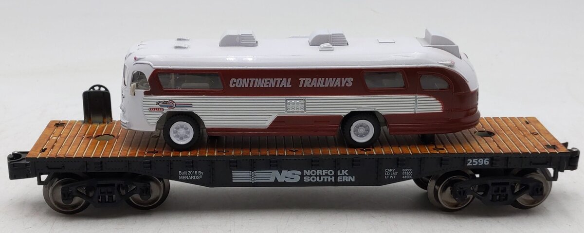 Menards 279-3377 O Norfolk Southern Flatcar w/ Continental Trailways Bus #2596 EX/Box